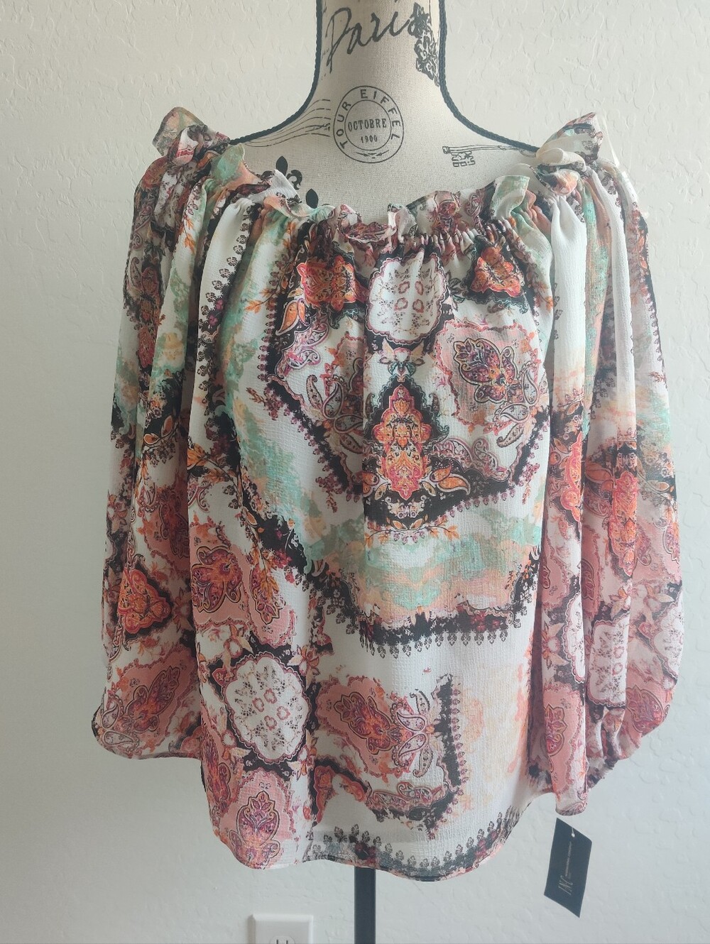 🆕 INC International Concepts Nomad Coral Mint Paisley Off-Shoulder Blouse_1X